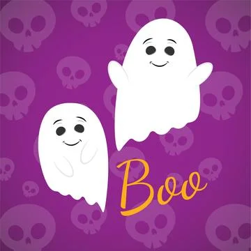 Two lovely white ghosts on purple background. Cute card for Halloween. 스톡 일러스트