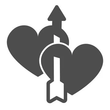 Two lovers hearts pierced by arrow solid icon, dating concept, cupid arrow Stock Illustration
