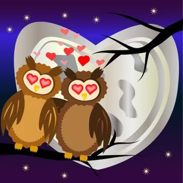 Two lovers hugging owls on the black branch of a tree at night, against a bac Stock Illustration
