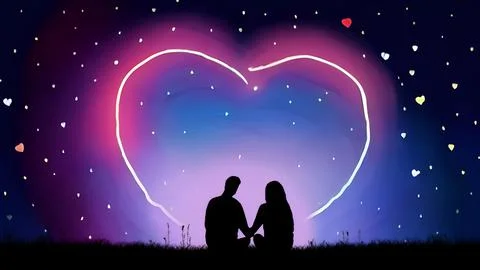 Two lovers sit on the grass and admire the starry sky. illustration Stock Illustration