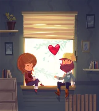 Two lovers sitting on the windowsill in an apartment. Vector cute illustration Stock Illustration