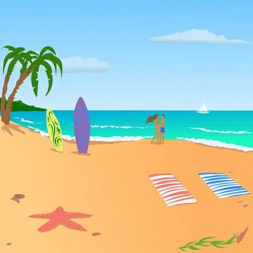 Two lovers standing by the seashore on a sandy beach next to surfboards Stock Illustration