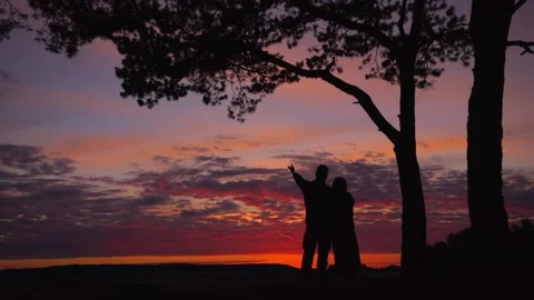 Two lovers standing at sunset. Silhouettes of a couple embracing Stock Footage 217584818