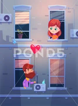 Two lovers talking oby opening window in an apartment. Vector cute illustration Stock Illustration