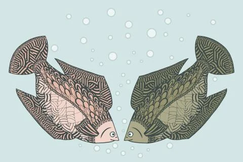 Two loving fish. Zen tangle vector. Zentangle Undersea animals. Stock Illustration