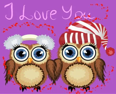 Two loving owls, a pair, touch their wings, on a purple background. Concept T Ilustração Stock