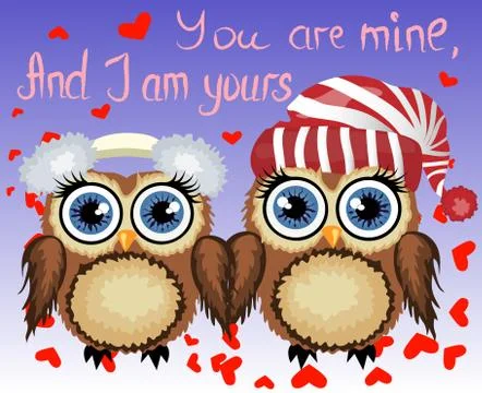 Two loving owls, a pair, touch their wings, on a purple background. Concept T Ilustração Stock