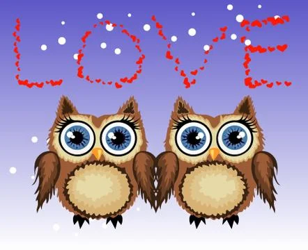 Two loving owls, a pair, touch their wings, on a purple background. Concept T Ilustração Stock