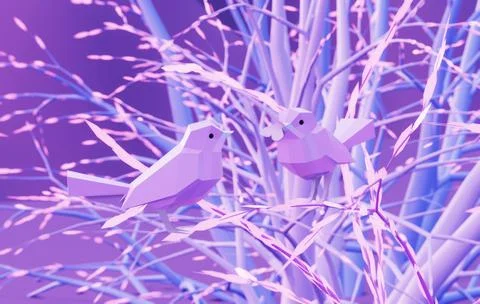 Two low poly tit birds sitting on a branch pink tree Stock Illustration