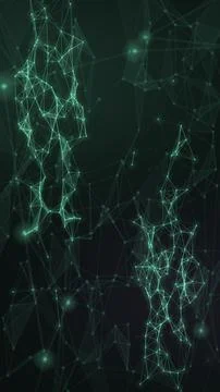 Two luminous emerald clusters of connected lines and nodes float within a d.. Illustrazione stock