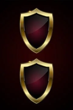 Two luxury red button and gold majestic shield-shaped button featuring a de.. Stock Illustration