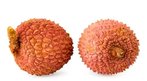 Two lychee close up on a white background. Stock Photos