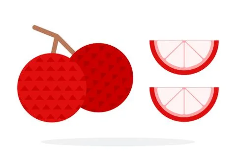 Two lychee fruit on a branch and two lychee wedges flat isolated Illustrazione stock