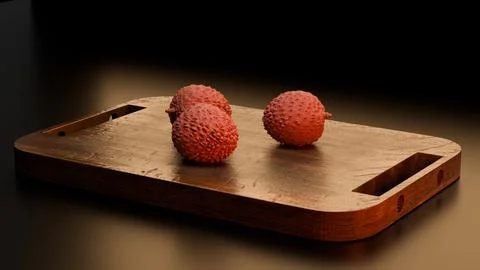 Two lychee fruits displayed on rustic wooden tray with dramatic light Stock Illustration