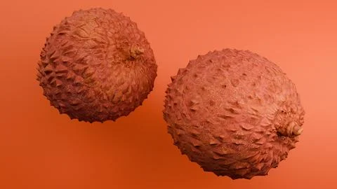 Two lychee fruits on orange background close-up Stock Illustration