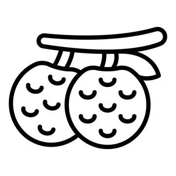 Two lychees hanging from branch with leaf, line art icon Stock Illustration