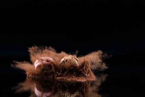 Two macaron in the middle of a cocoa explosion Stock Photos