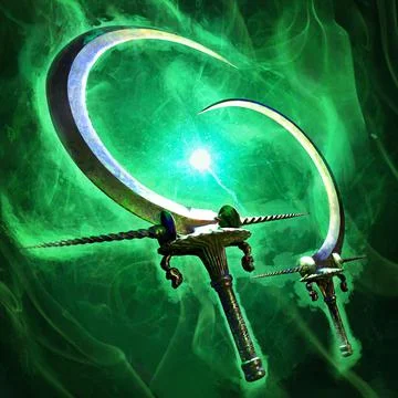 Two magic sickles concentrating a bunch of energy in the center. forged in Ar Stock Illustration