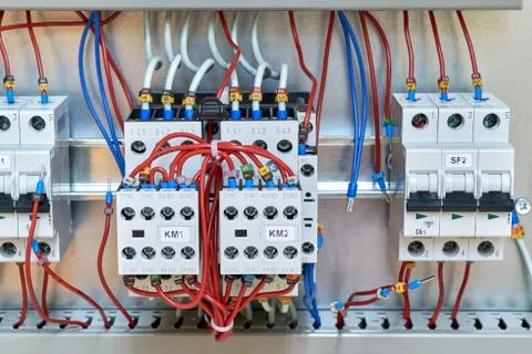 Two magnetic starters with front additional contacts and circuit breakers. Stock-Fotos