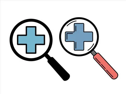 Two magnifying glasses blue crosses for medical search and diagnosis concept Stock Illustration