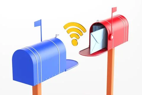 Two mailboxes with an envelope inside and a wi-fi icon on a white background. Stock Photos