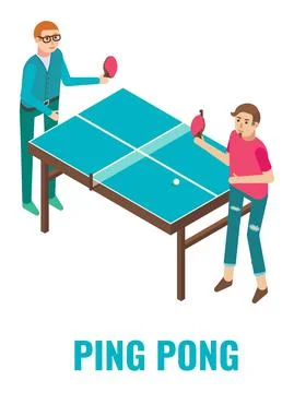 Two male characters playing ping pong table tennis arcade game, vector isometric Stock Illustration