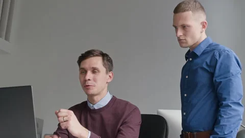 Two Male Colleagues Analyzing Data on Computer Screen Collaborating in Office Stock Footage 313549186