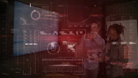 Two male colleagues collaborating in tech lab, interacting with holographic Stock Footage 307453353