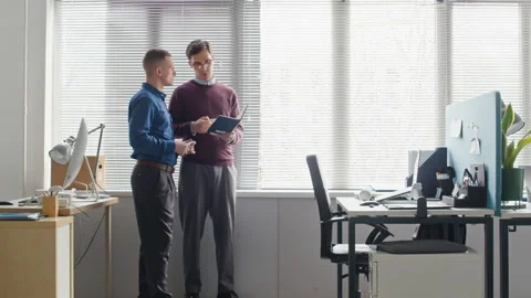 Two Male Colleagues Collaborating while Discussing Data in Notebook at Office Stock Footage 313552284