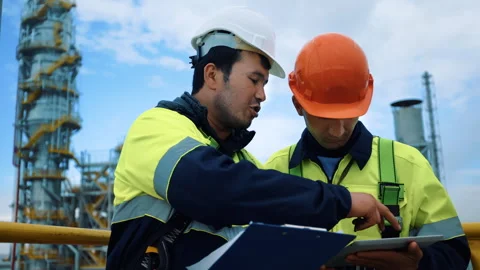 Two male construction engineer discussing refinery plan technology use paper Stock Footage 252715530
