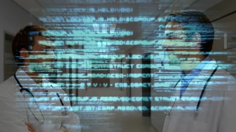 Two male doctors with stethoscopes discussing care in hall, cyan overlay Stock Footage 334115561