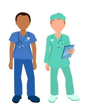 Two male doctors within different colored uniform. Medical workers silhouette. Stock Illustration