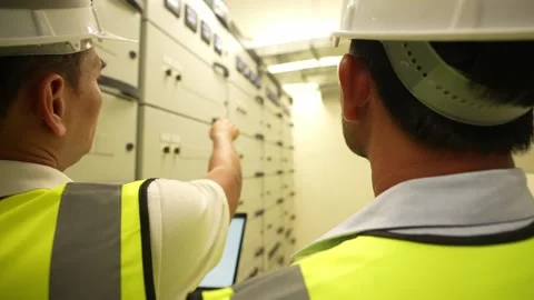 Two male engineers holding tablets are inspecting an electrical control com.. Stock Footage 280732560