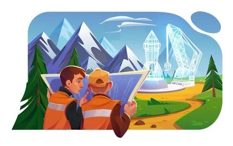 Two male engineers at rocket construction site Stock Illustration