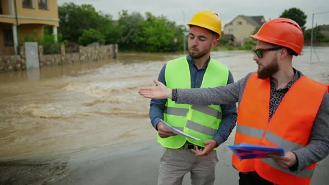 Two male engineers solve the flood problem. Natural disaster major flooding Video stock 135615605