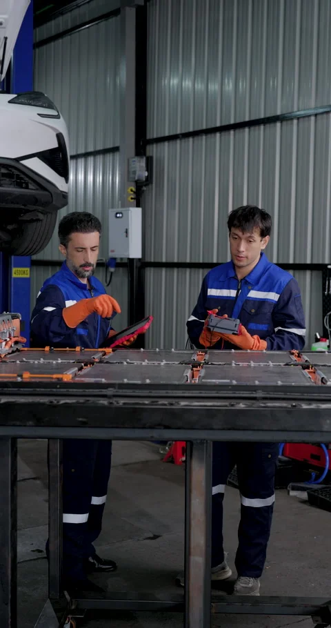 Two male EV technicians use rugged tablet and handheld meter beside exposed 스톡 동영상 347363703