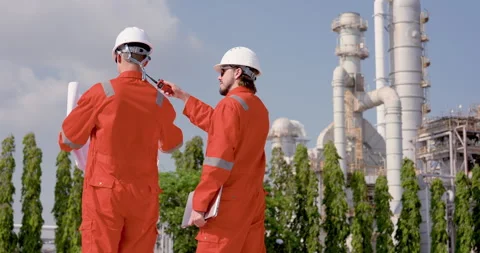 Two male refinery engineer review blueprint near plant unit as technician uses Stock-Footage 334828657