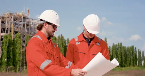 Two male refinery engineer review blueprint during onsite field walk, planning Stock Footage 337392287