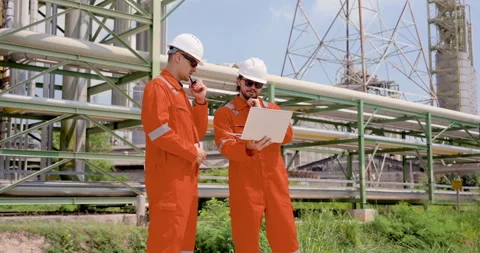 Two male refinery worker discuss laptop data beside pipeline rack, using radio Video stock 334828940