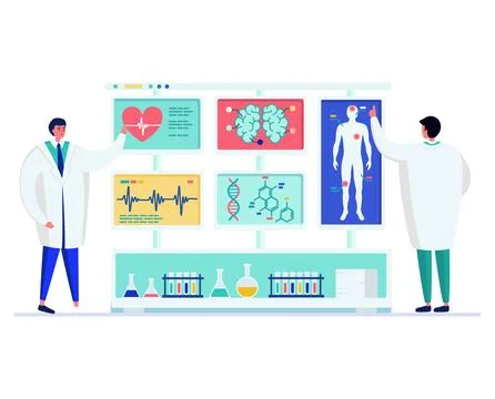 Two male scientists discussing data in a modern laboratory. Doctors analyzing Stock Illustration