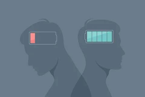 Two male silhouettes back to back with charged and discharged batteries Stock Illustration