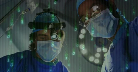 Two male surgeons using headlamp leaning over patient under surgical light with Stock Footage 309143910