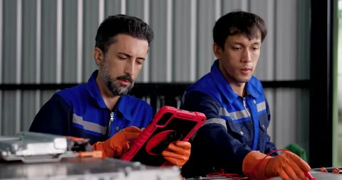 Two male technicians test EV battery system using digital tablet Stock Footage 345515732
