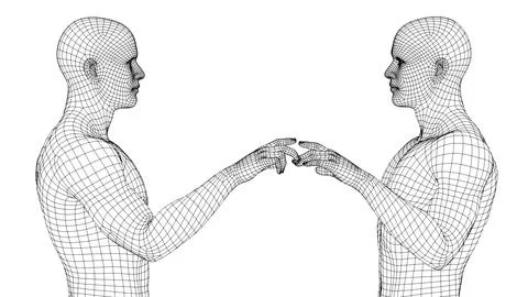 Two male wireframes touch with index fingers on a white background. Stock Illustration