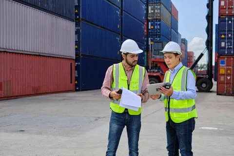 Two male workers work at a logistics terminal with many stacks of containers. Stock Photos
