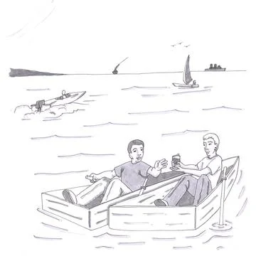 Two Males Each in Small Row Boats Next to Each other on Wavy Water Stock Illustration