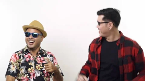 Two man are friend put on hat and glasses dancing on isolated background. 4K Res Stock-Footage 144652715