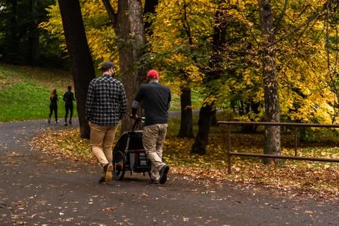 Two man are walking and talking while carrying the baby strolls on Stromovka  Stock Photos