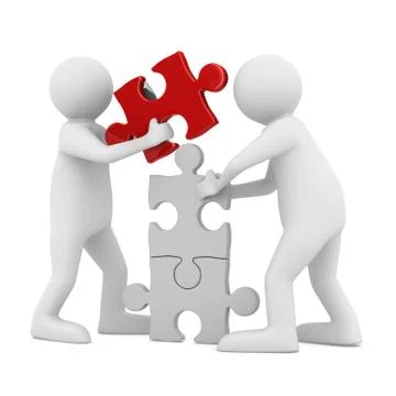 Two man build puzzle on white. Isolated 3D image Stock Illustration