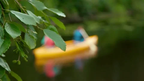 Two man canoeing on the river and behind the tree Stock Footage 132831432